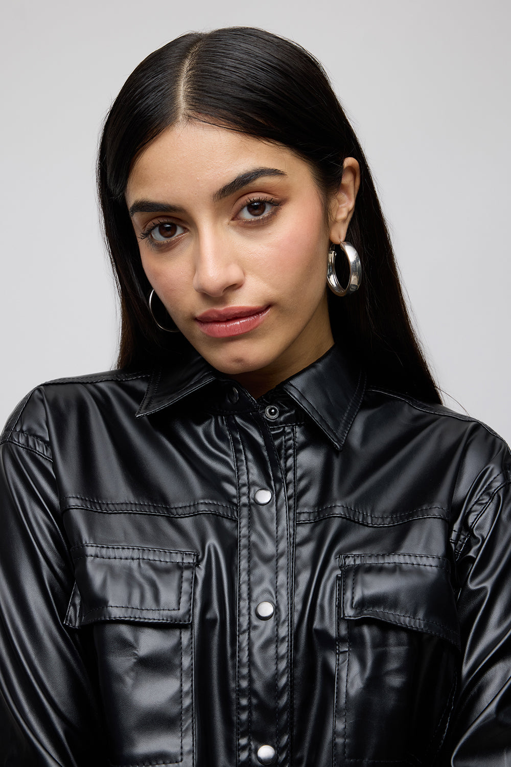 Glossy Black Women's Leather Shacket