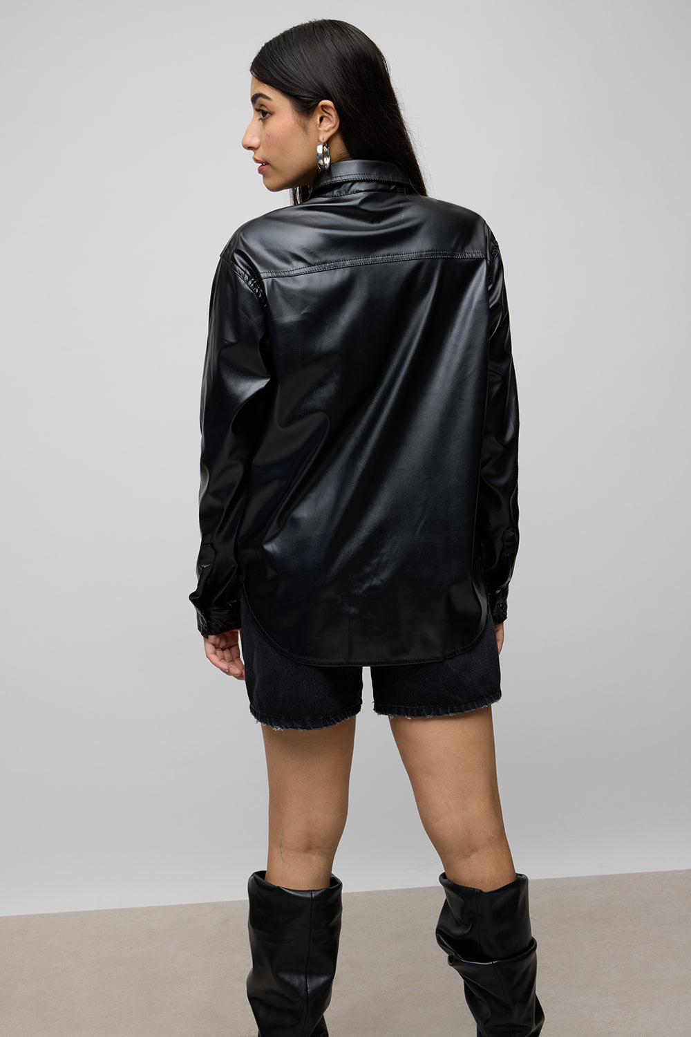 Glossy Black Women's Leather Shacket