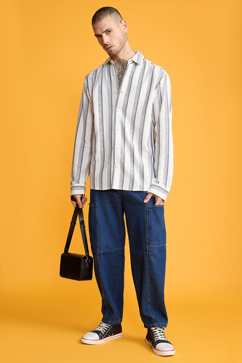 Textured Knit Full Men's Sleeves Shirt- White/Dark Navy Stripes