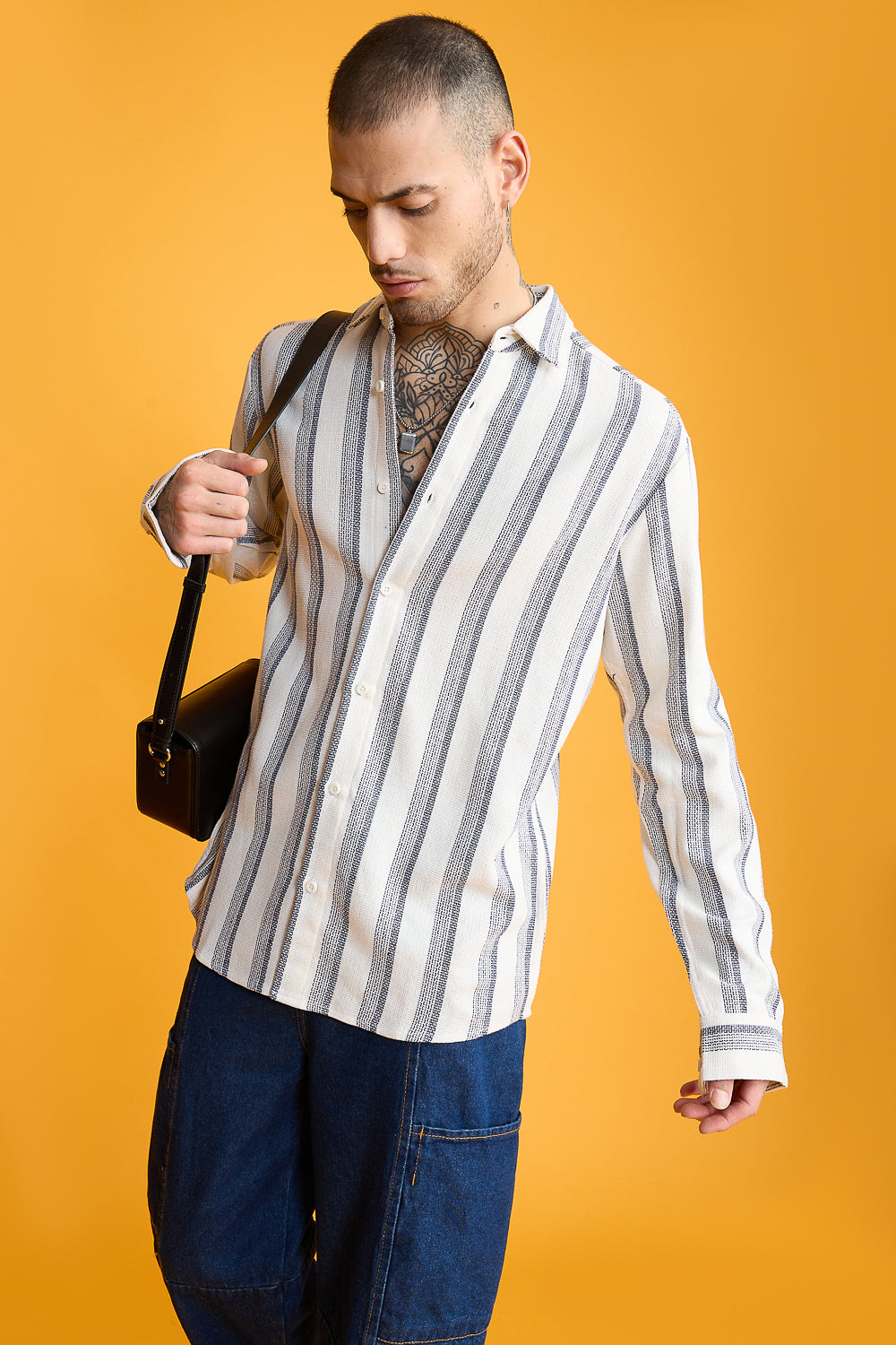 Textured Knit Full Men's Sleeves Shirt- White/Dark Navy Stripes