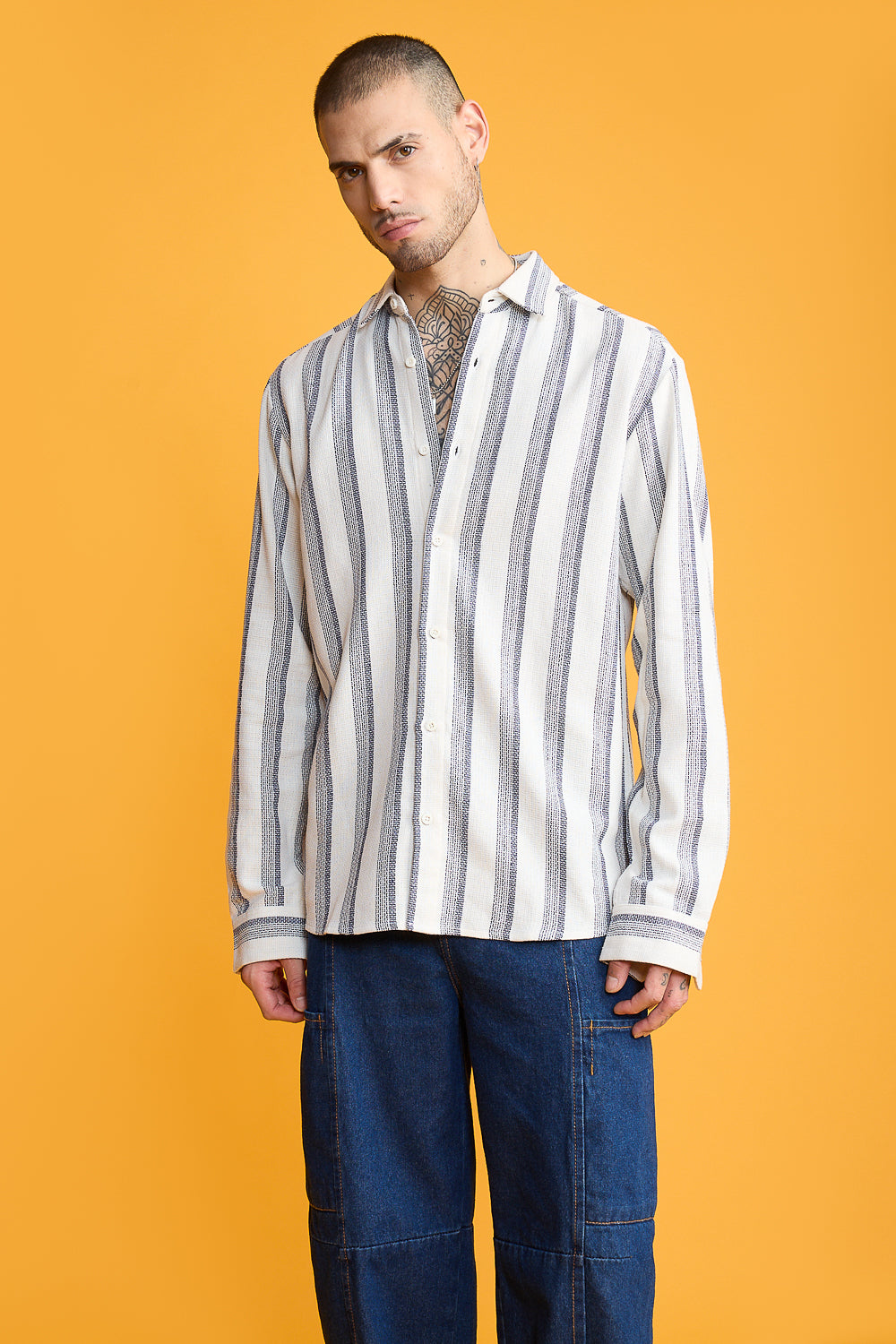 Textured Knit Full Men's Sleeves Shirt- White/Dark Navy Stripes