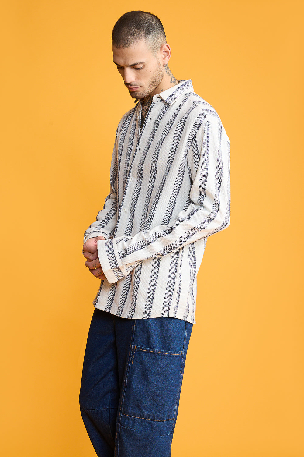 Textured Knit Full Men's Sleeves Shirt- White/Dark Navy Stripes