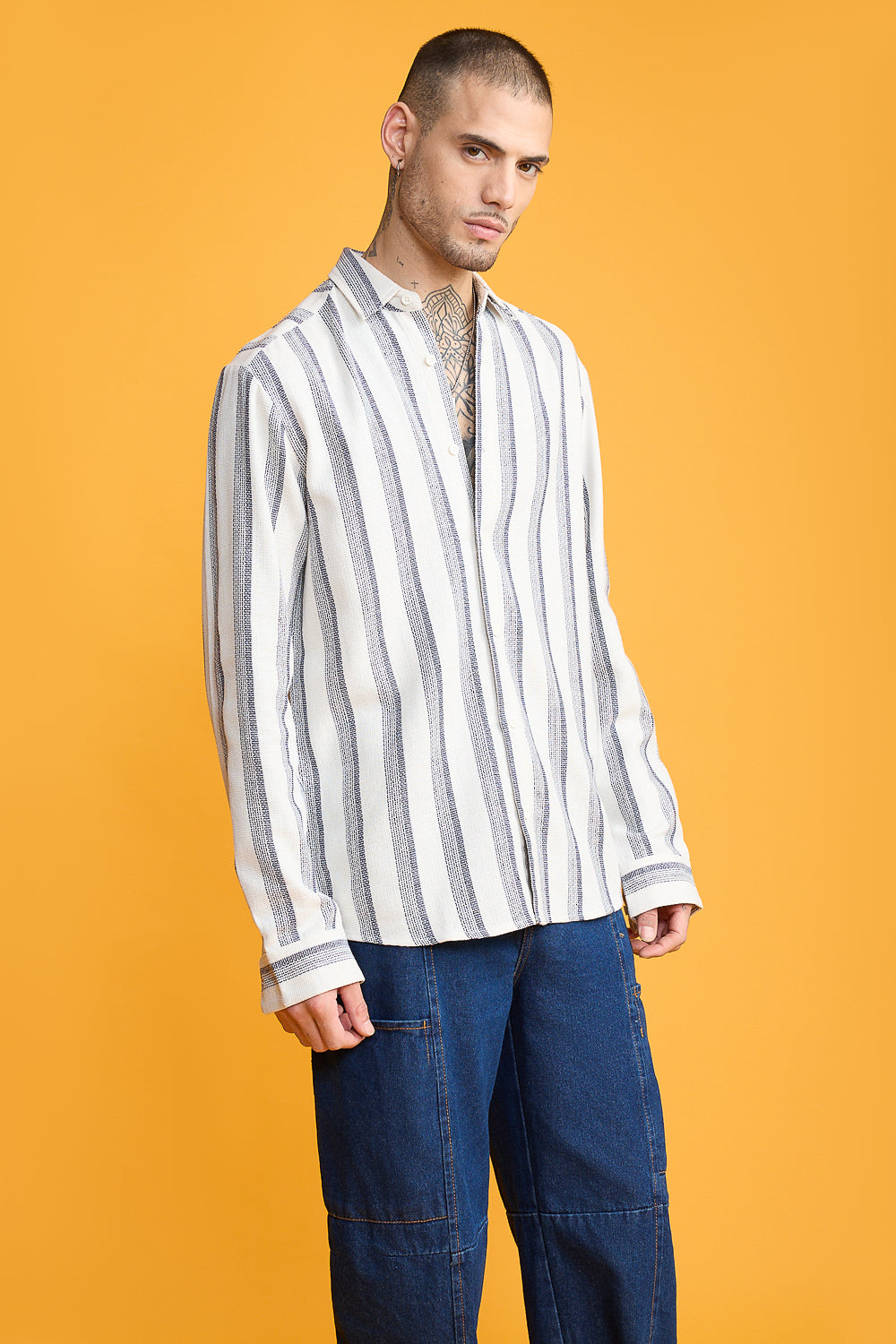 Textured Knit Full Men's Sleeves Shirt- White/Dark Navy Stripes