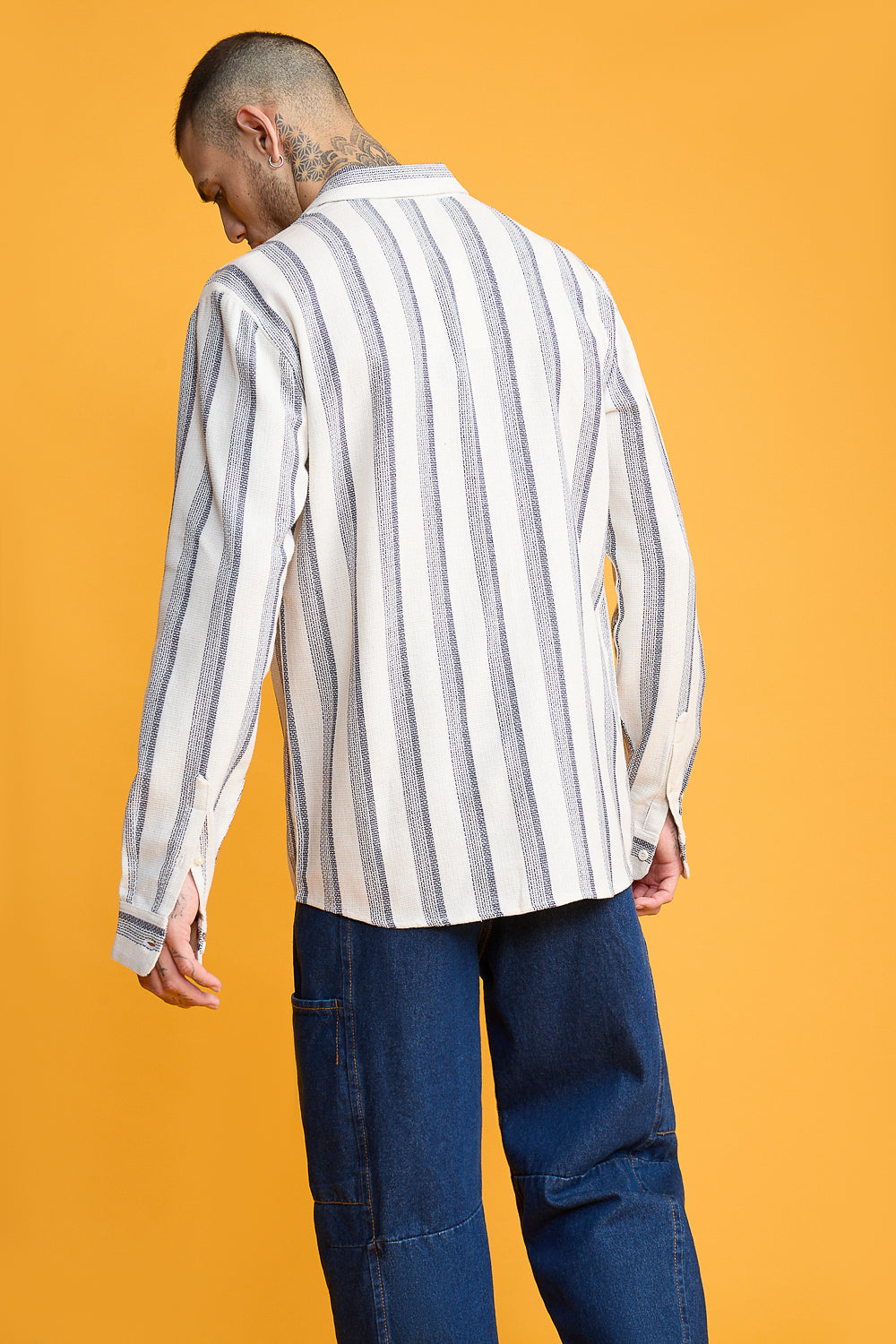 Textured Knit Full Men's Sleeves Shirt- White/Dark Navy Stripes
