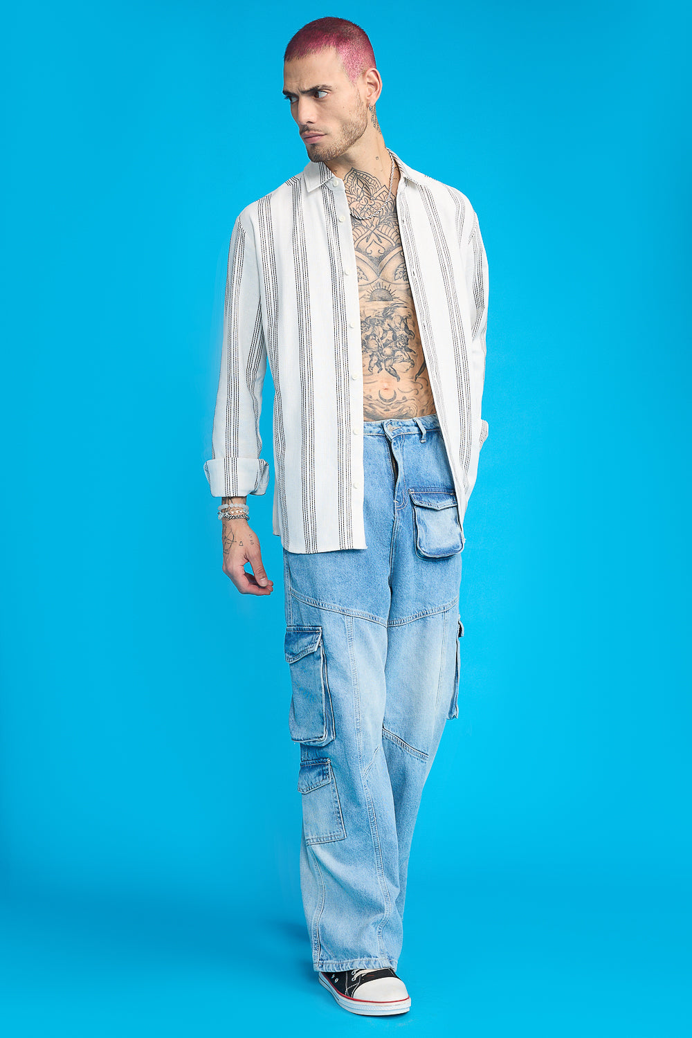 Textured Knit Men's Full Sleeves Shirt- White/Black Thick Stripes