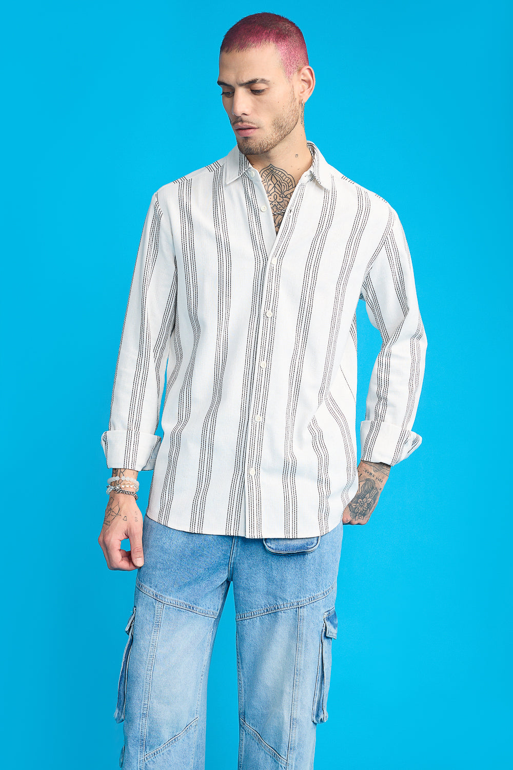 Textured Knit Men's Full Sleeves Shirt- White/Black Thick Stripes