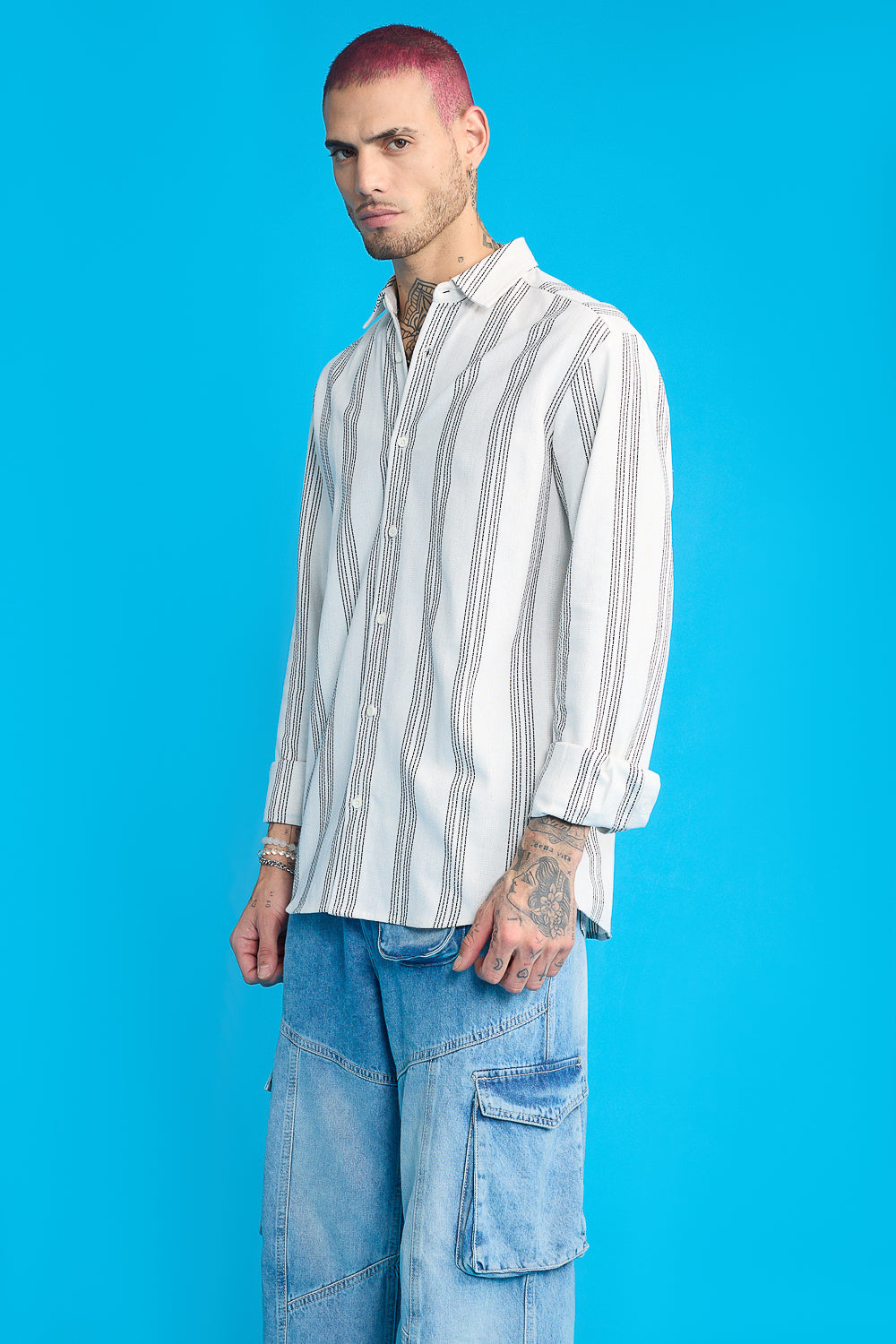 Textured Knit Men's Full Sleeves Shirt- White/Black Thick Stripes