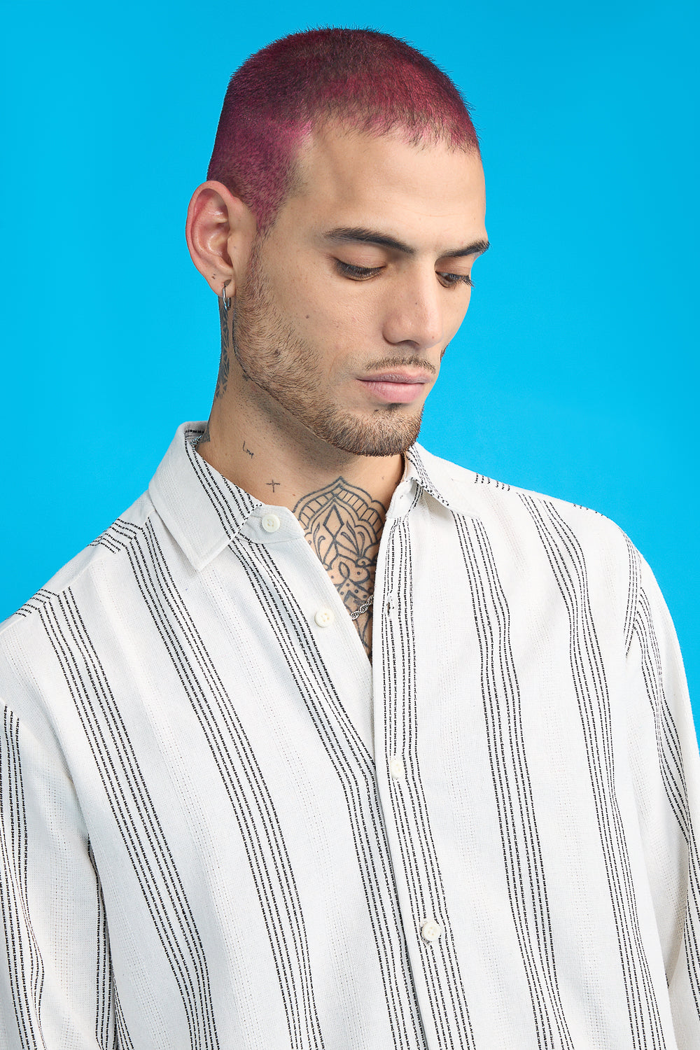 Textured Knit Men's Full Sleeves Shirt- White/Black Thick Stripes