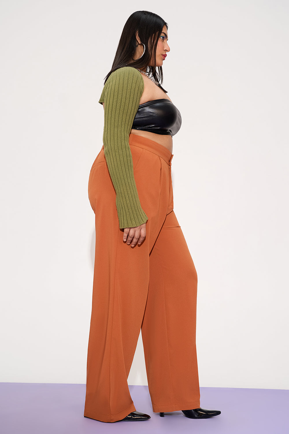 Sienna Rust Curve Pleated Double Button Korean Pants