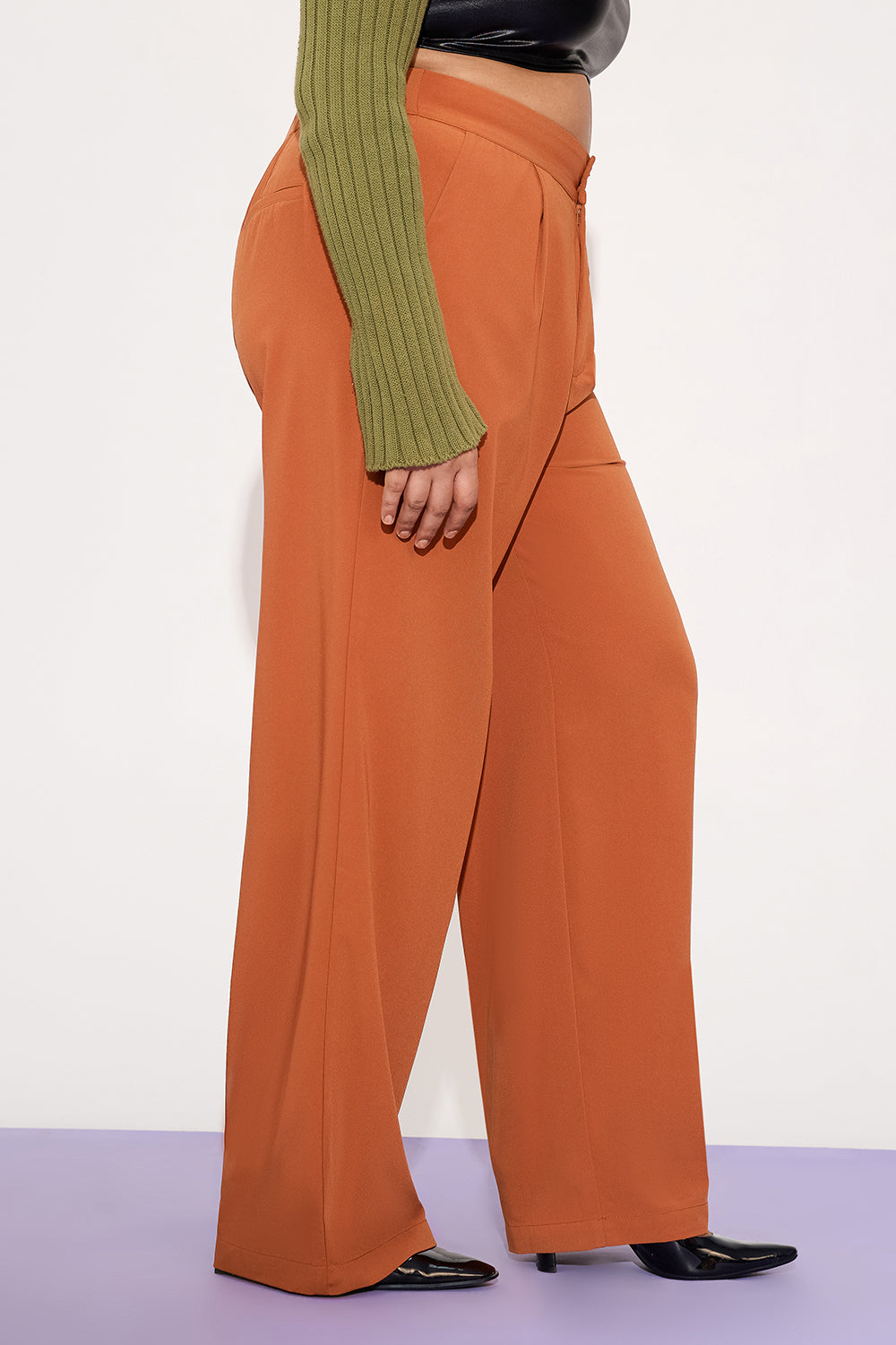 Sienna Rust Curve Pleated Double Button Korean Pants