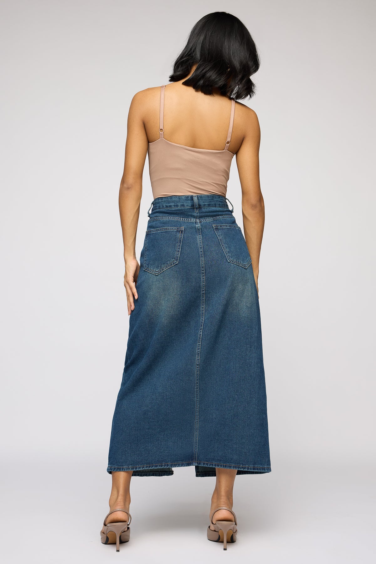 Eden Blue Front Slit Denim Midi Skirt