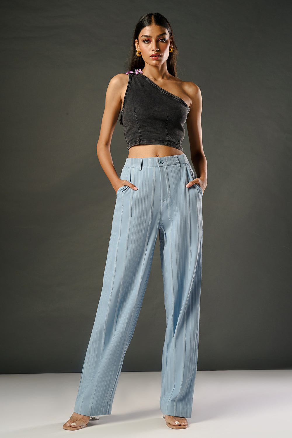 Crystal Blue Textured Women's Straight Korean Pants