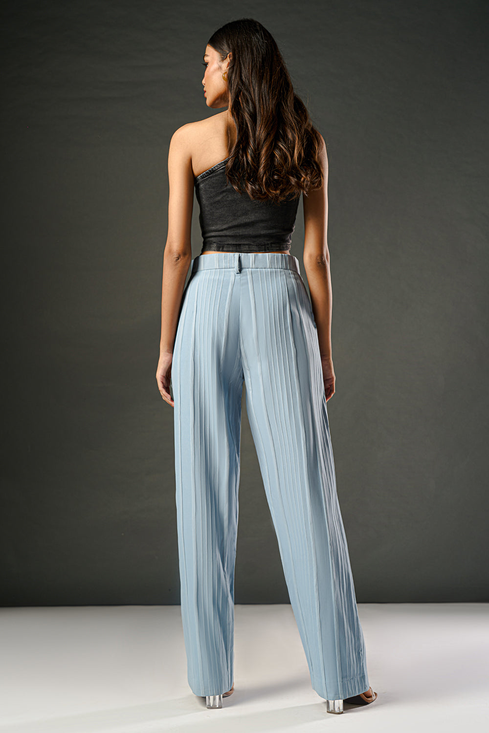 Crystal Blue Textured Women's Straight Korean Pants