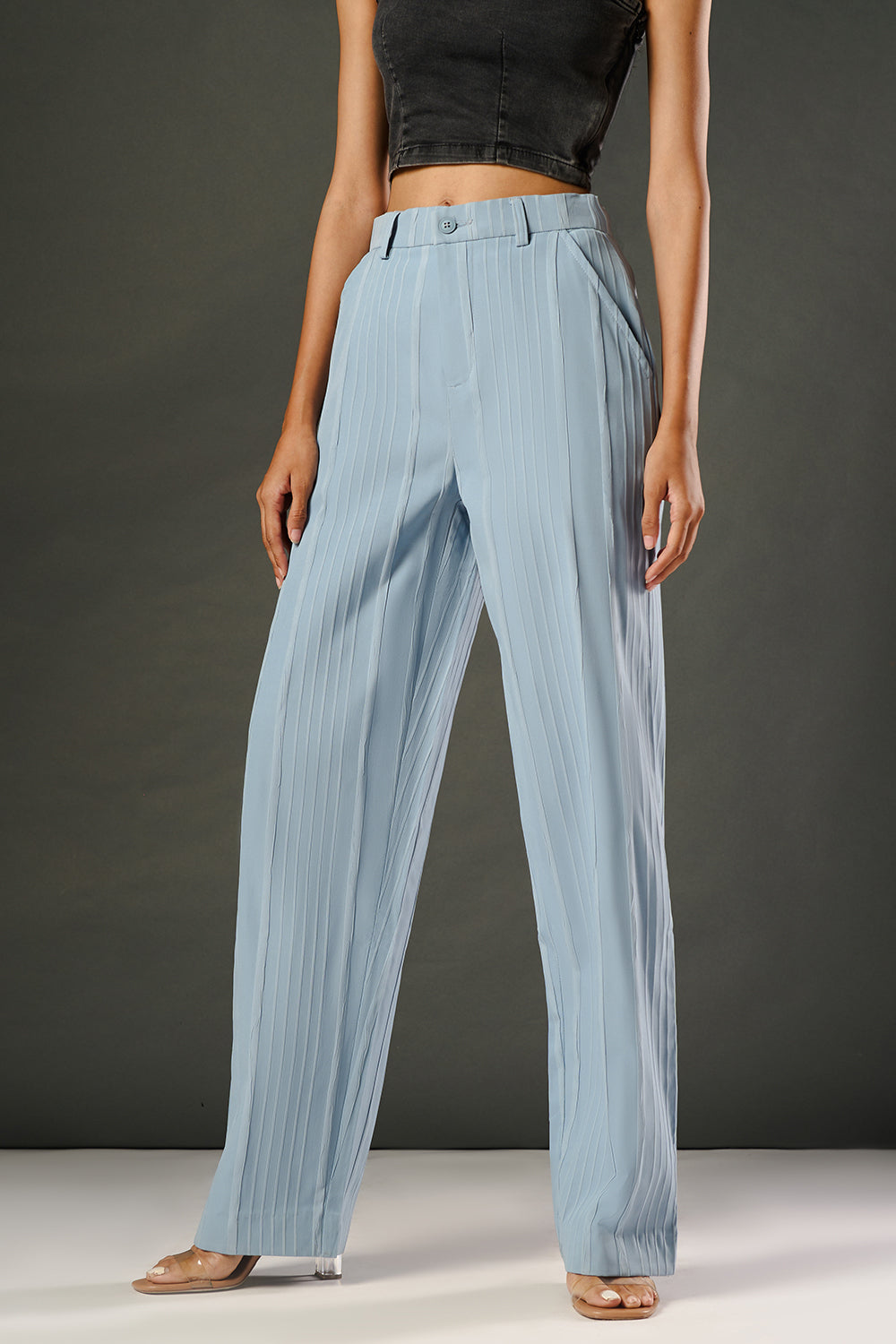 Crystal Blue Textured Women's Straight Korean Pants