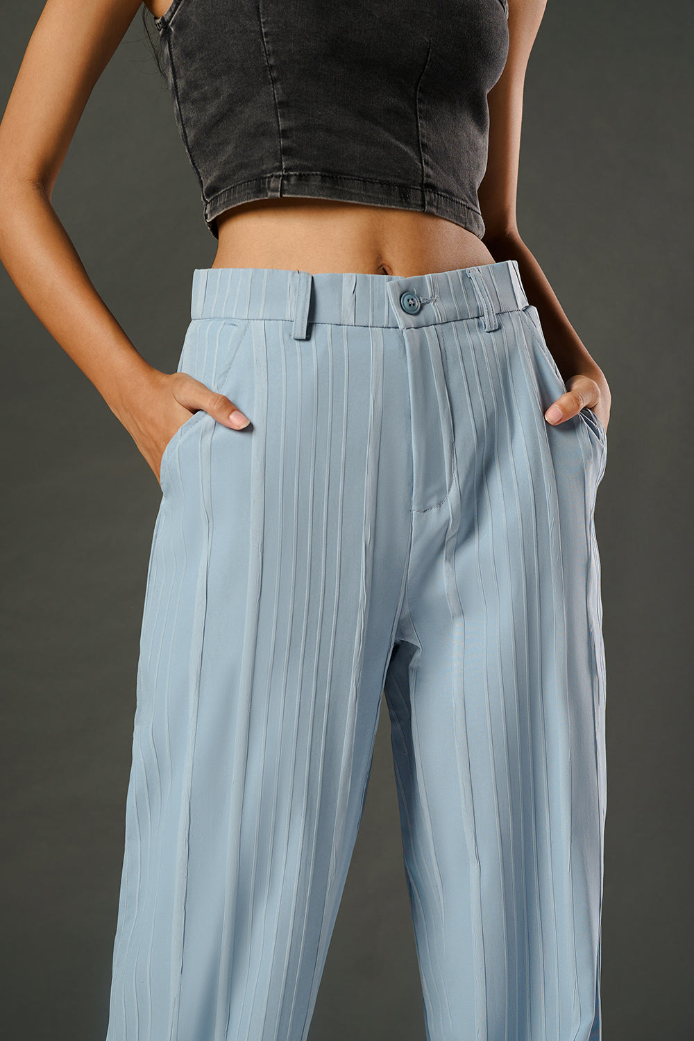 Crystal Blue Textured Women's Straight Korean Pants