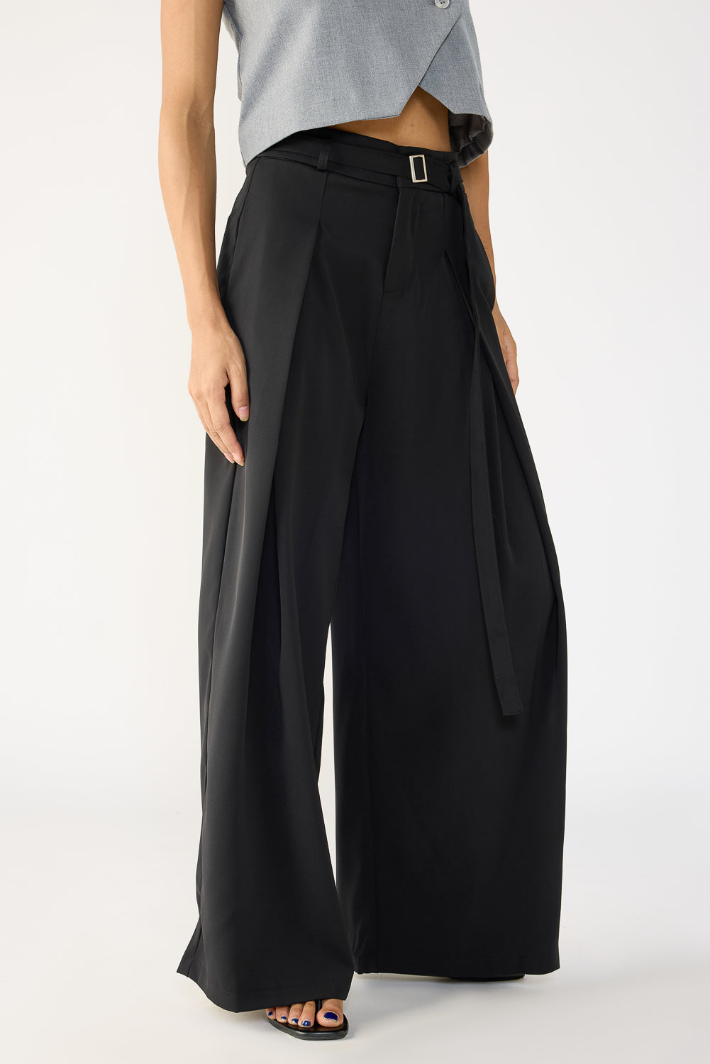 Black Belted Flared Korean Pants