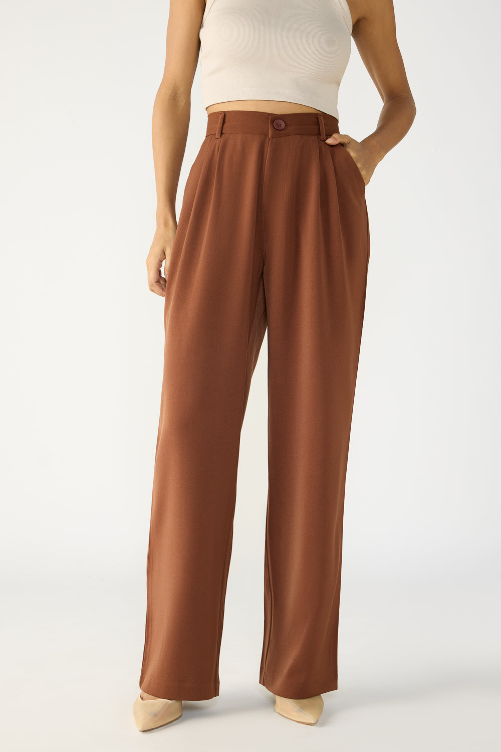 Ganache Brown Double Pleated Women's Straight Korean Pants