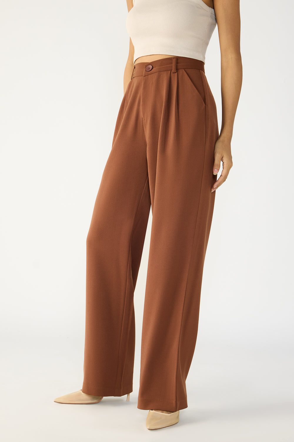 Ganache Brown Double Pleated Women's Straight Korean Pants