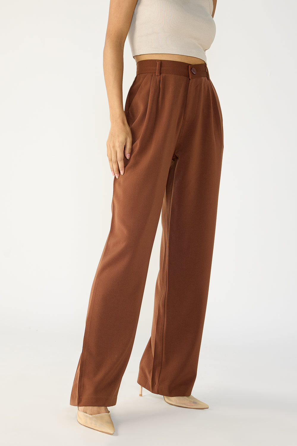 Ganache Brown Double Pleated Women's Straight Korean Pants