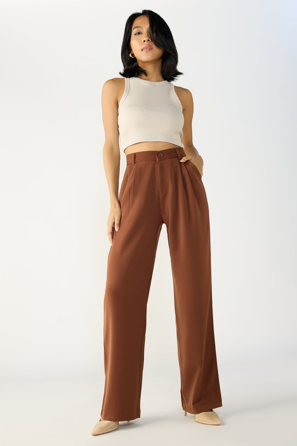 Ganache Brown Double Pleated Women's Straight Korean Pants