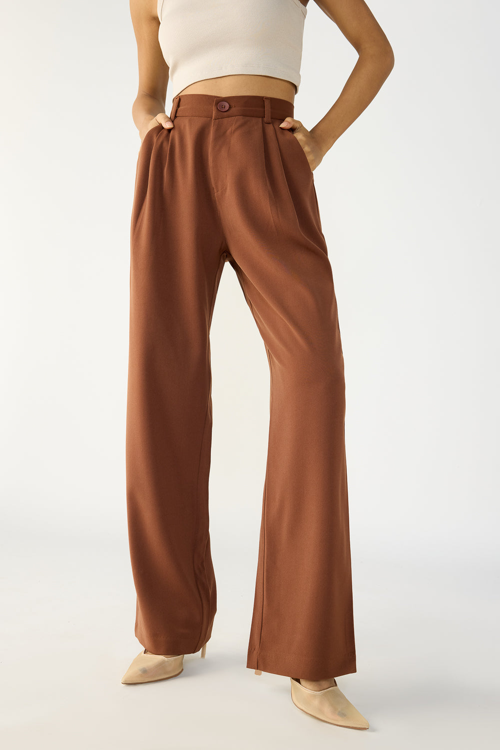 Ganache Brown Double Pleated Women's Straight Korean Pants