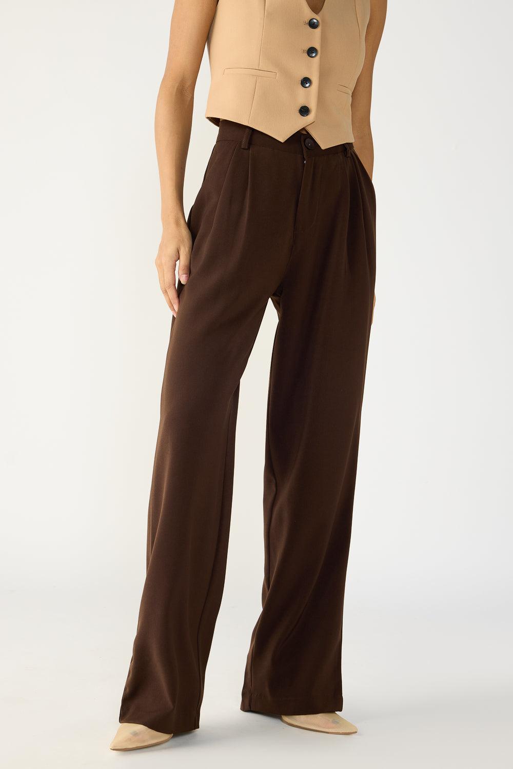 Dark Brown Double Pleated Women's Straight Korean Pants