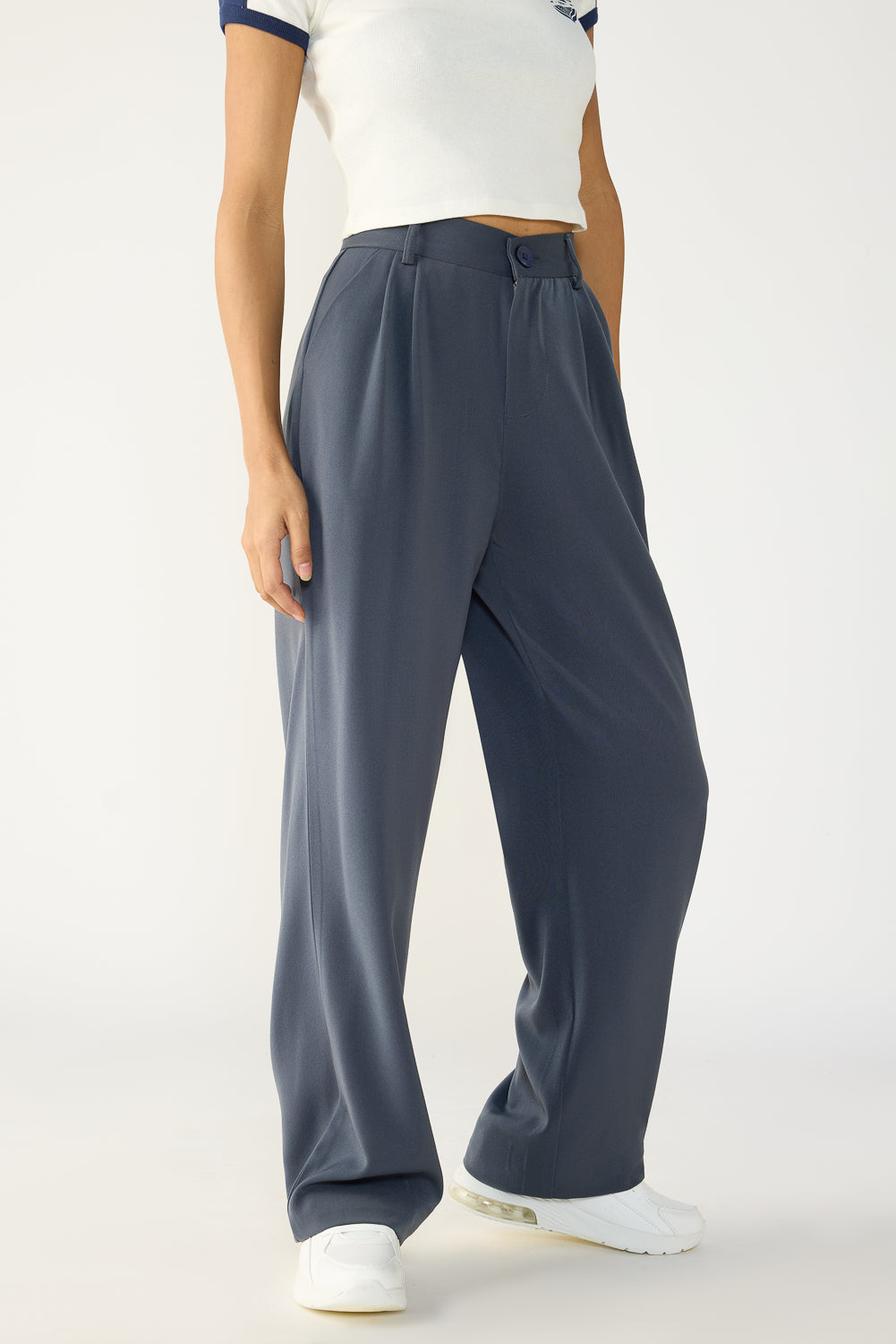 Smoky Grey Double Pleated Women's Wide Korean Pants
