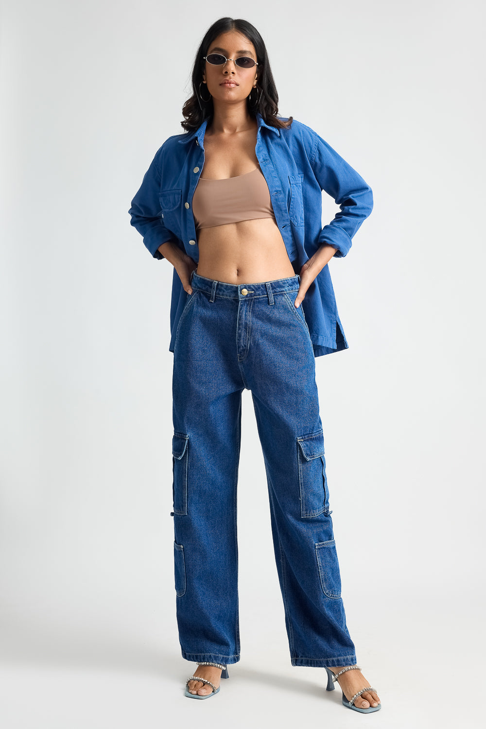 Indigo Utility Pocket Women's Baggy Straight Cargo Jeans