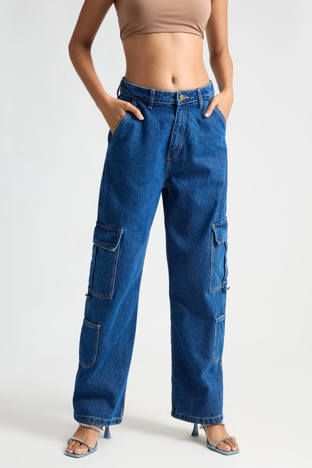Indigo Utility Pocket Women's Baggy Straight Cargo Jeans