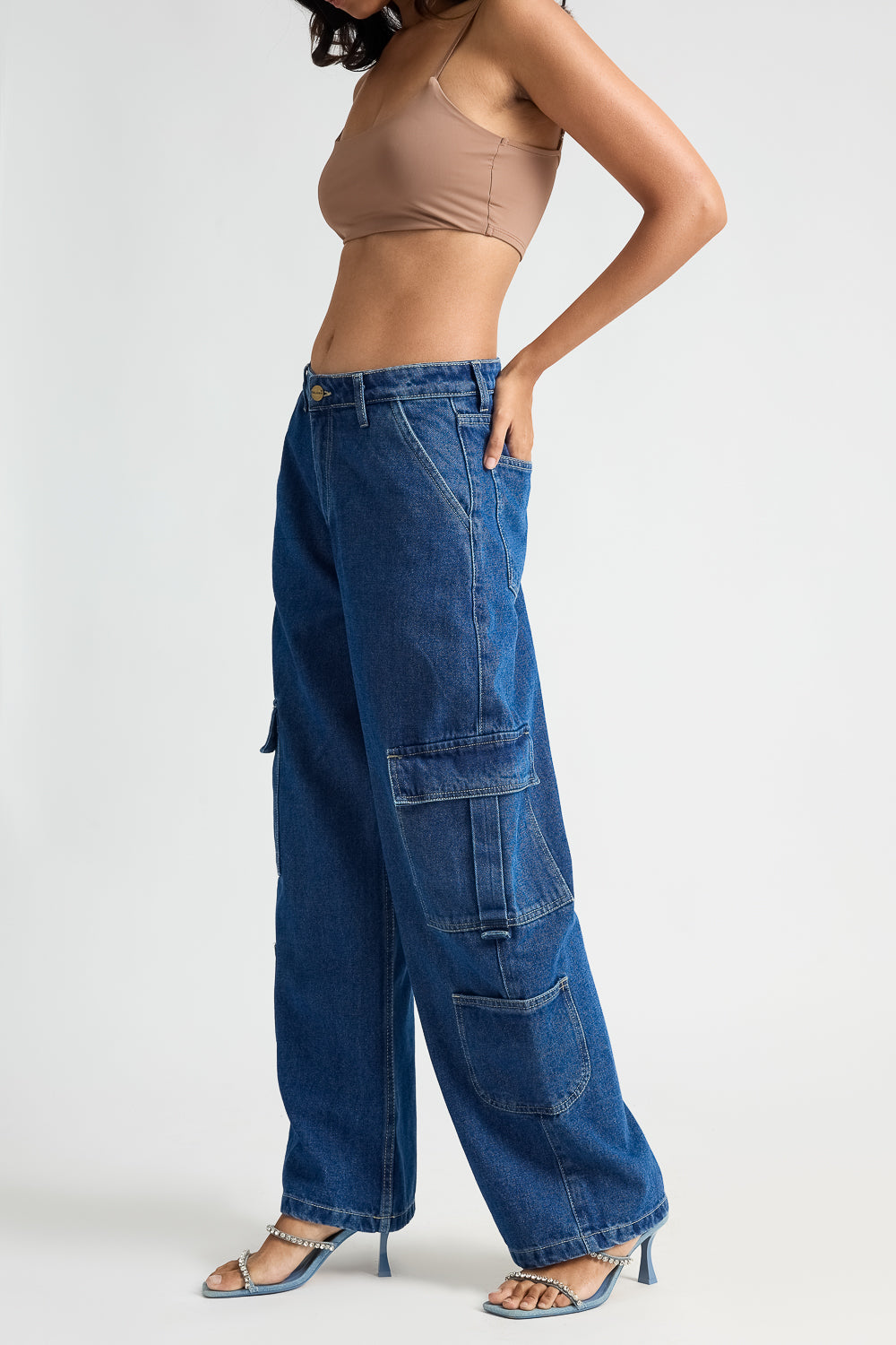 Indigo Utility Pocket Women's Baggy Straight Cargo Jeans