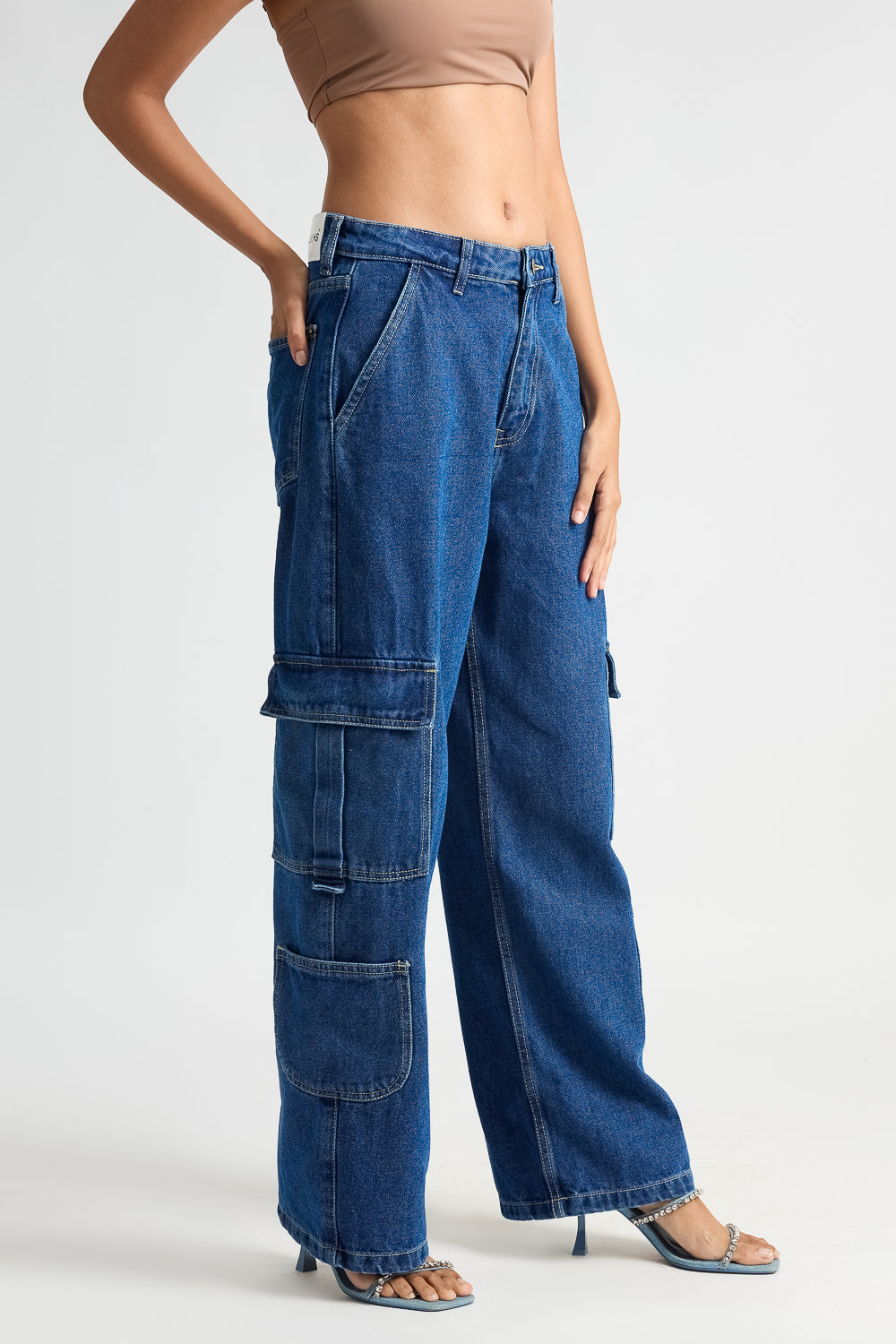 Indigo Utility Pocket Women's Baggy Straight Cargo Jeans