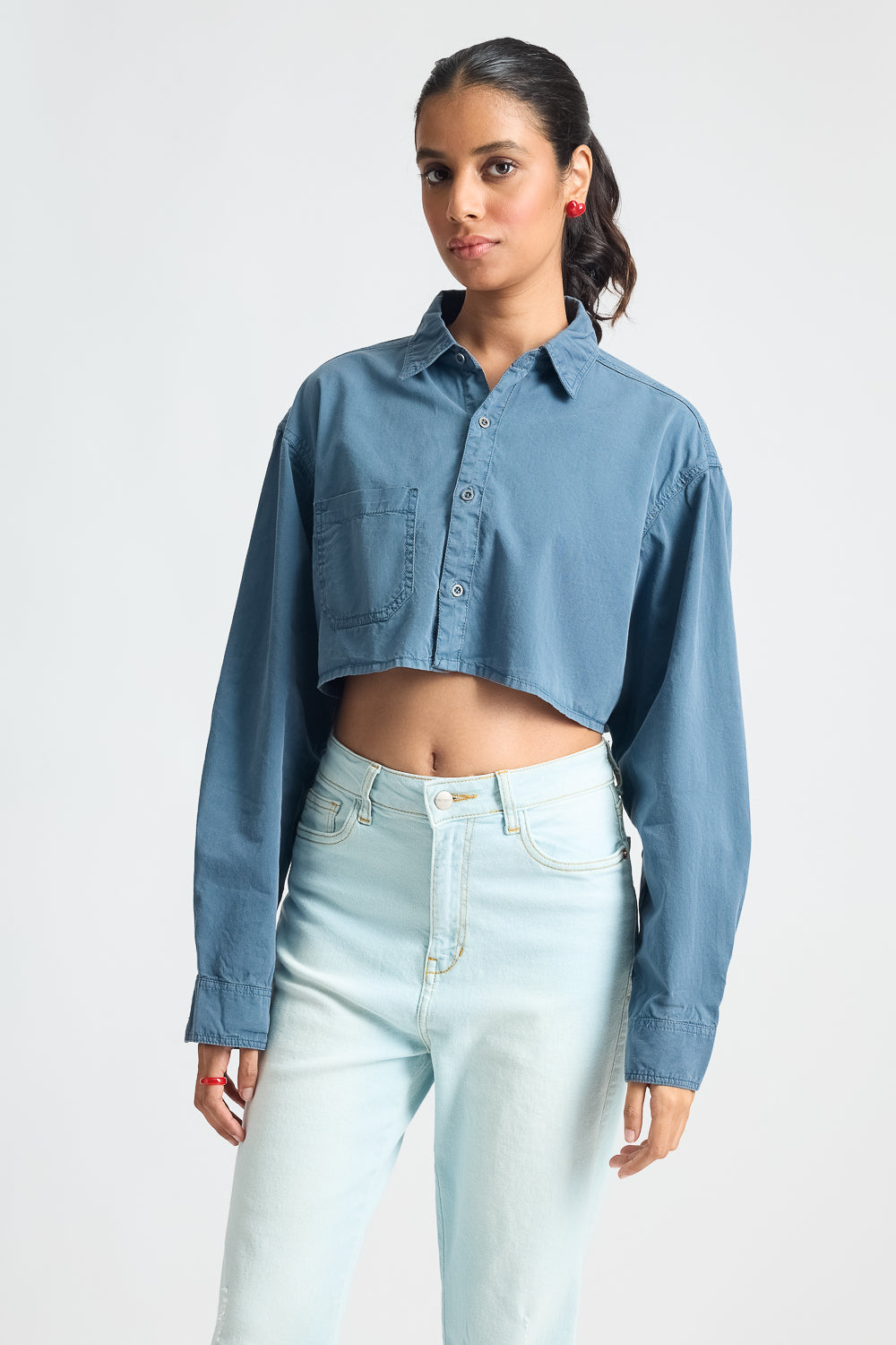 Slate Gray Long Sleeve Crop Top