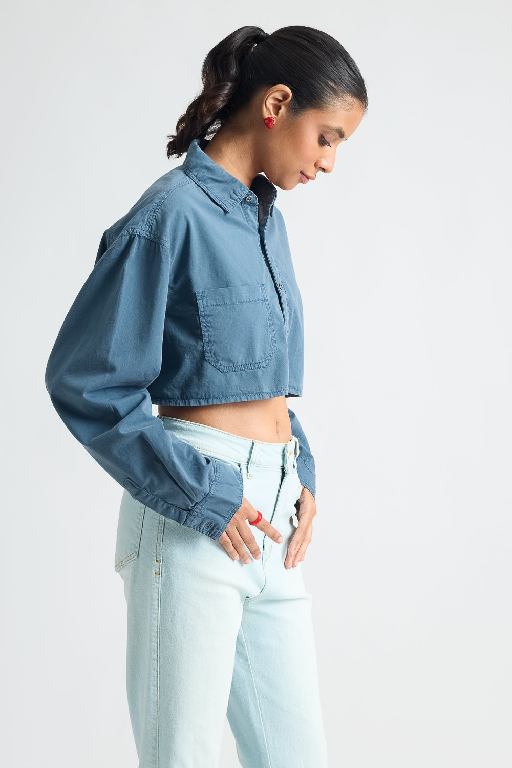 Slate Gray Long Sleeve Crop Top