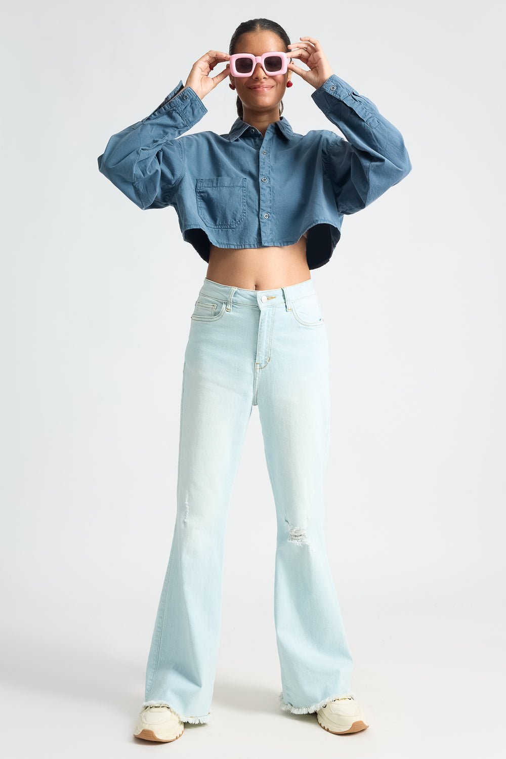 Slate Gray Long Sleeve Crop Top