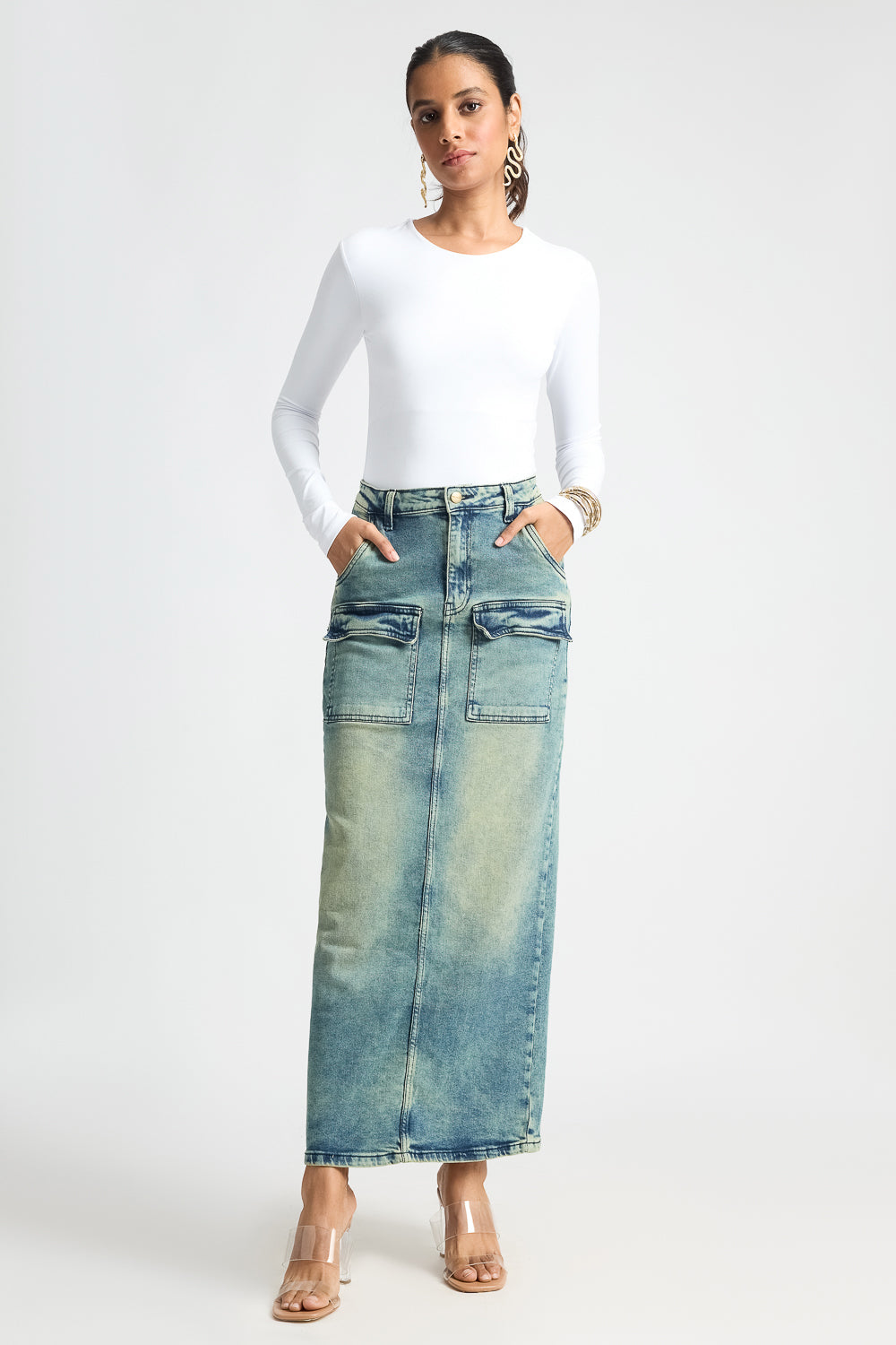 Blue Utility Pocket Denim Maxi Skirt