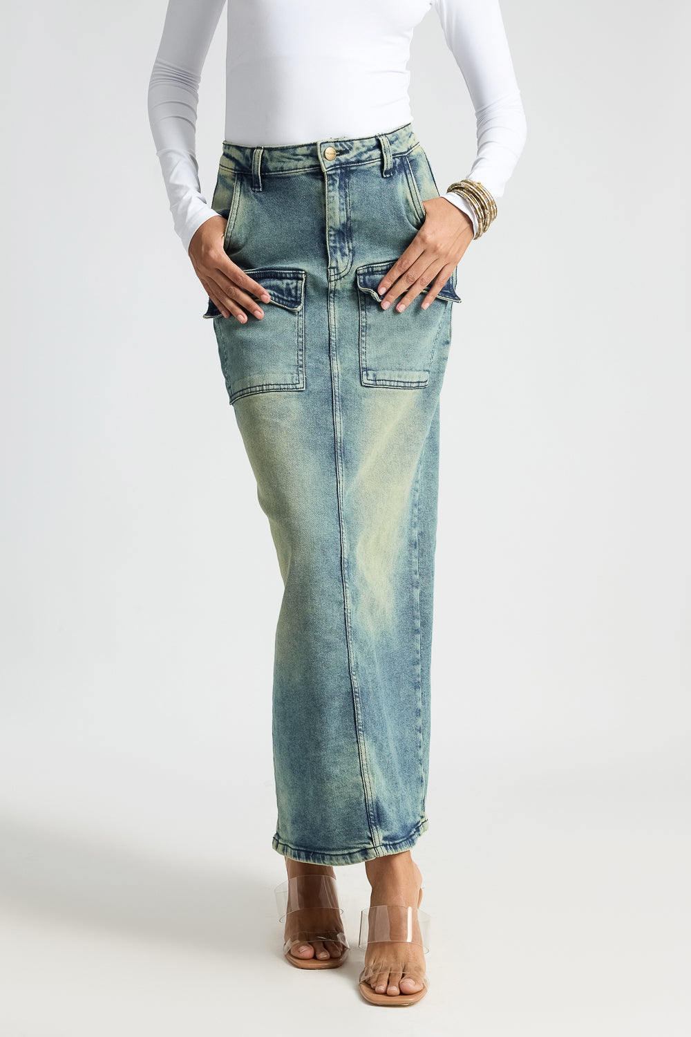 Blue Utility Pocket Denim Maxi Skirt
