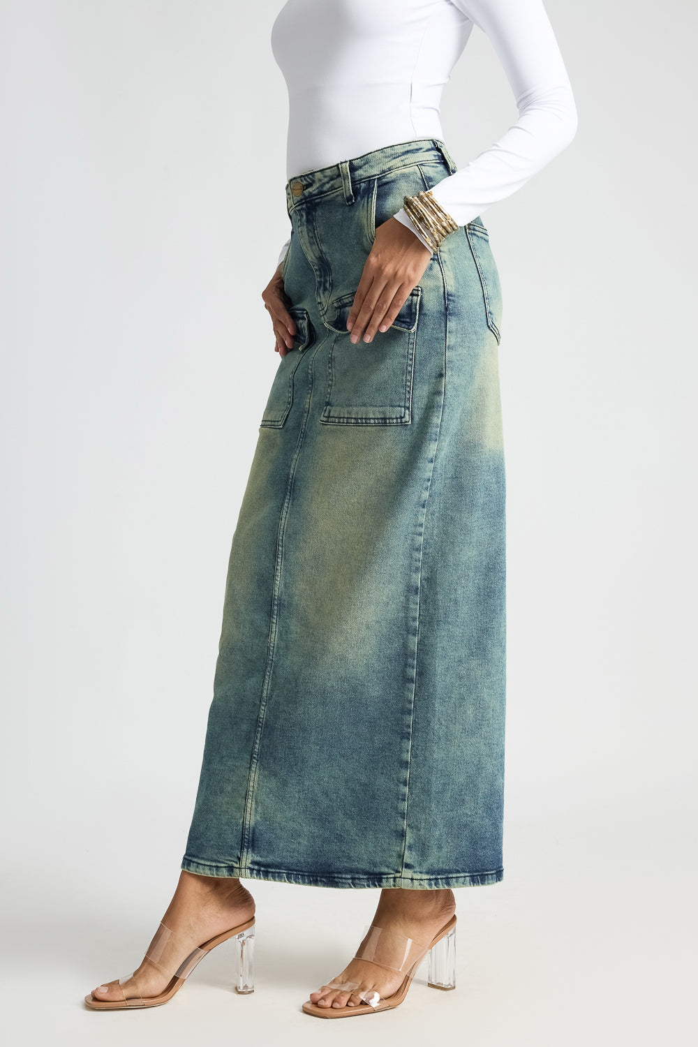 Blue Utility Pocket Denim Maxi Skirt