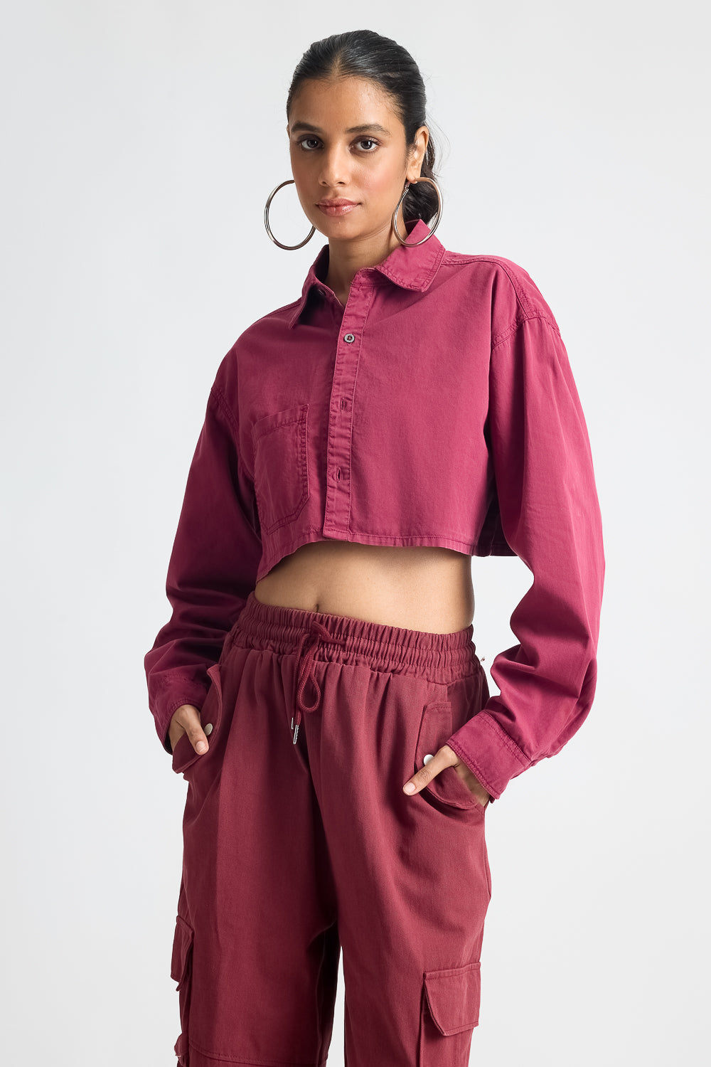 Wine Red Long Sleeve Crop Top