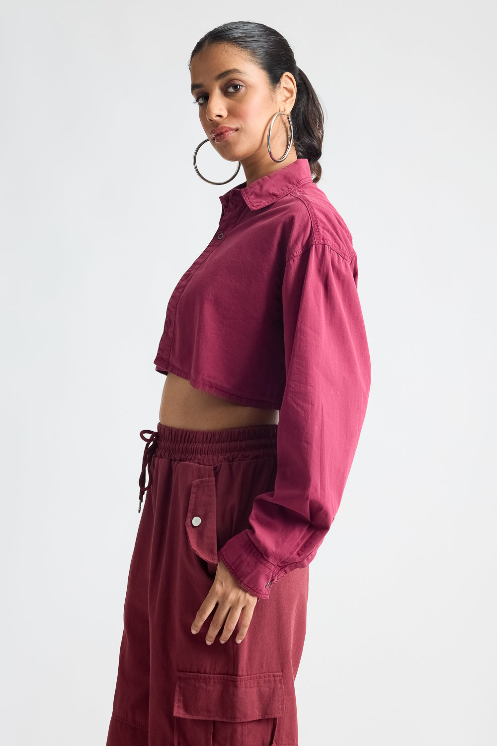 Wine Red Long Sleeve Crop Top