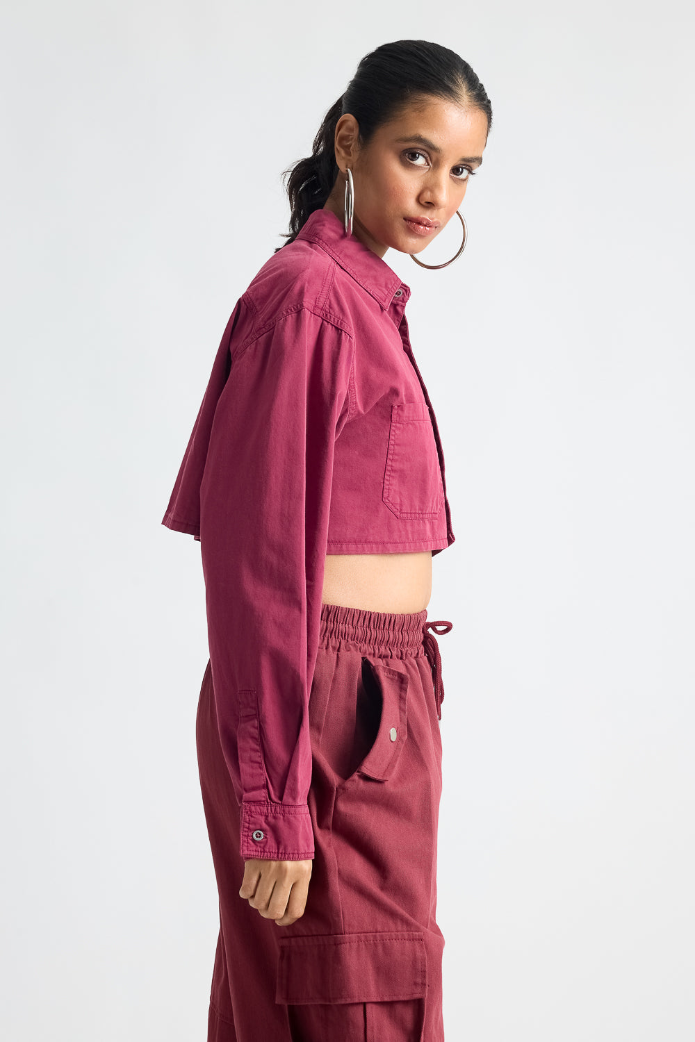 Wine Red Long Sleeve Crop Top