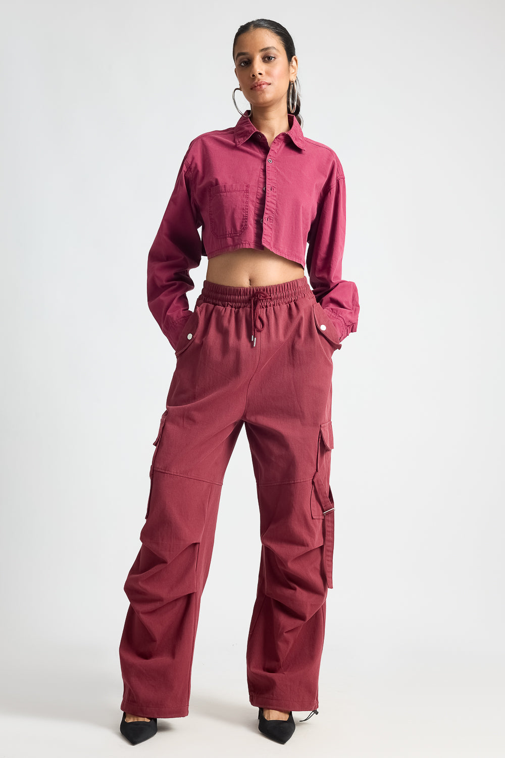 Wine Red Long Sleeve Crop Top