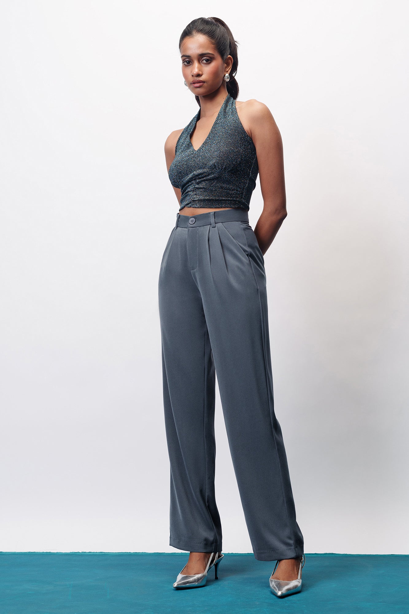 Star Grey Double Pleated Women's Wide Korean Pants