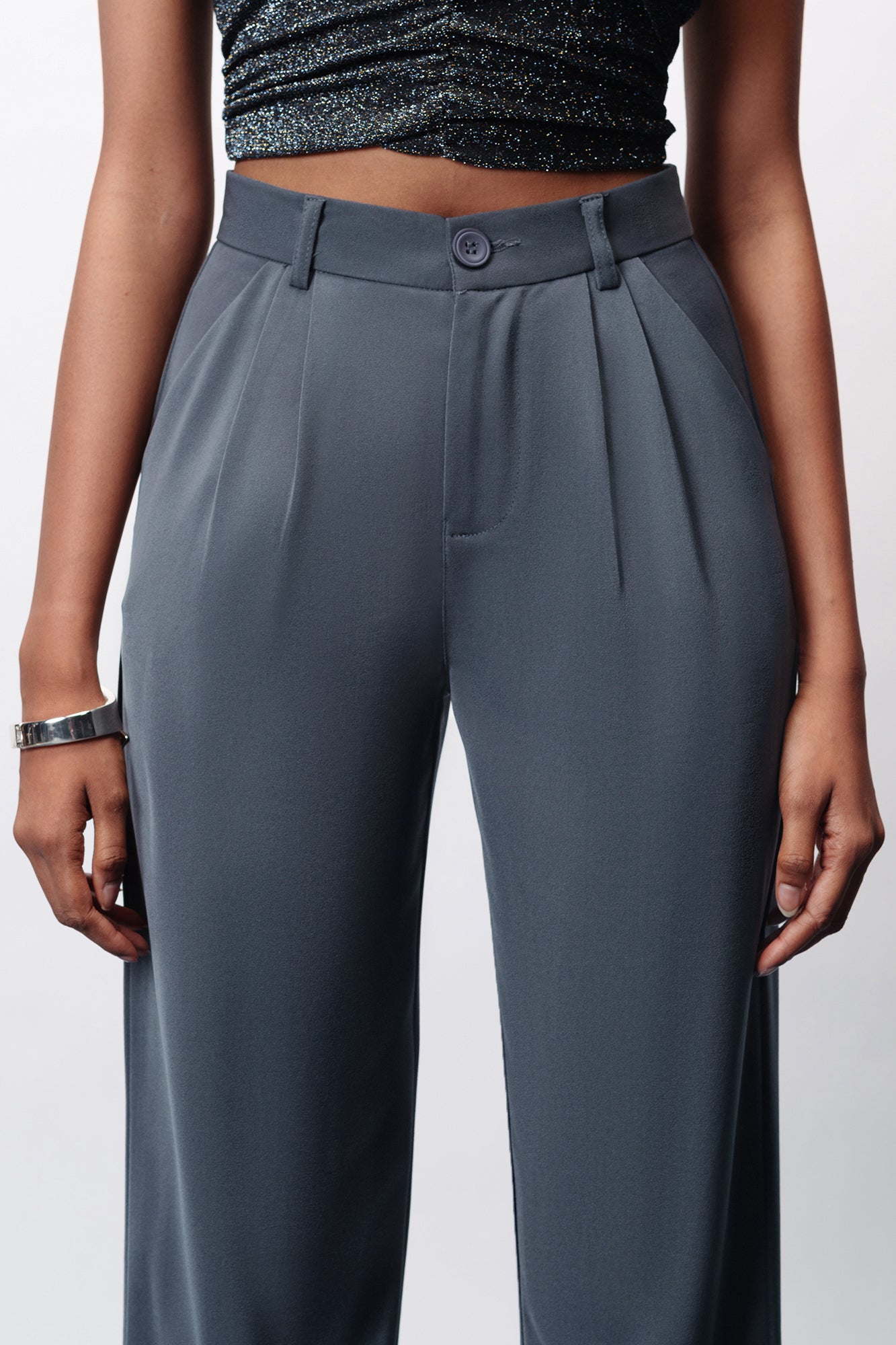 Star Grey Double Pleated Women's Wide Korean Pants