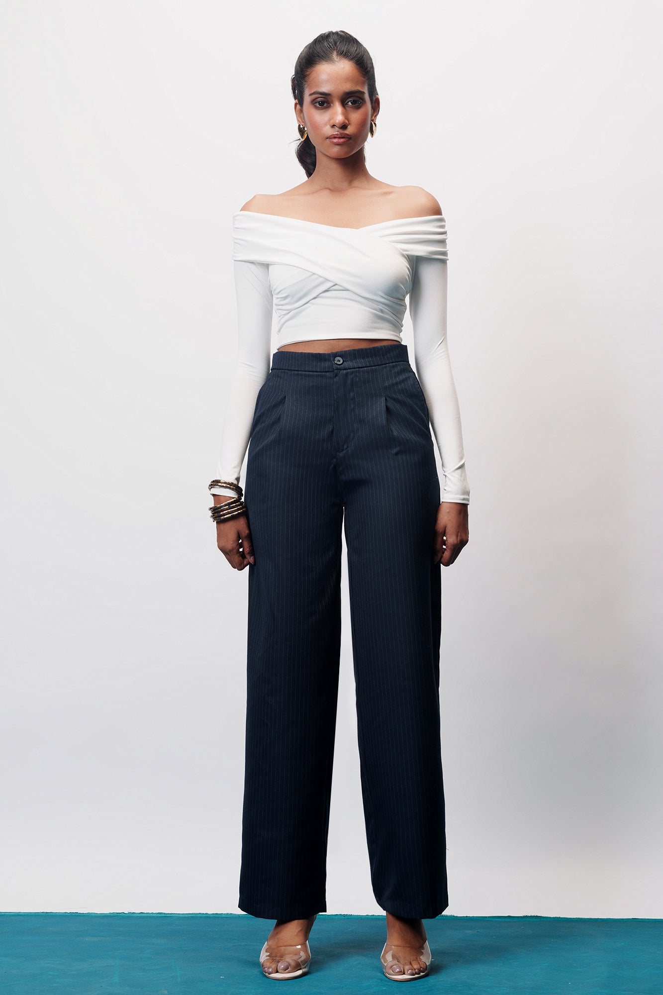 Dark Navy Women's Straight Pinstripe Pants