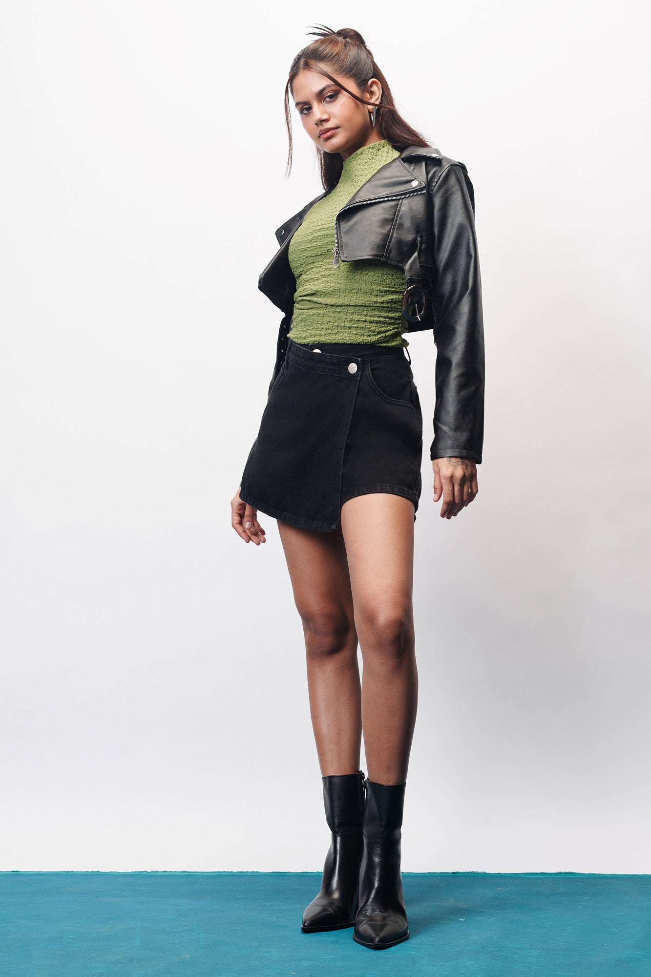 Iris Black Asymmetric Waistband Women's Denim Skort