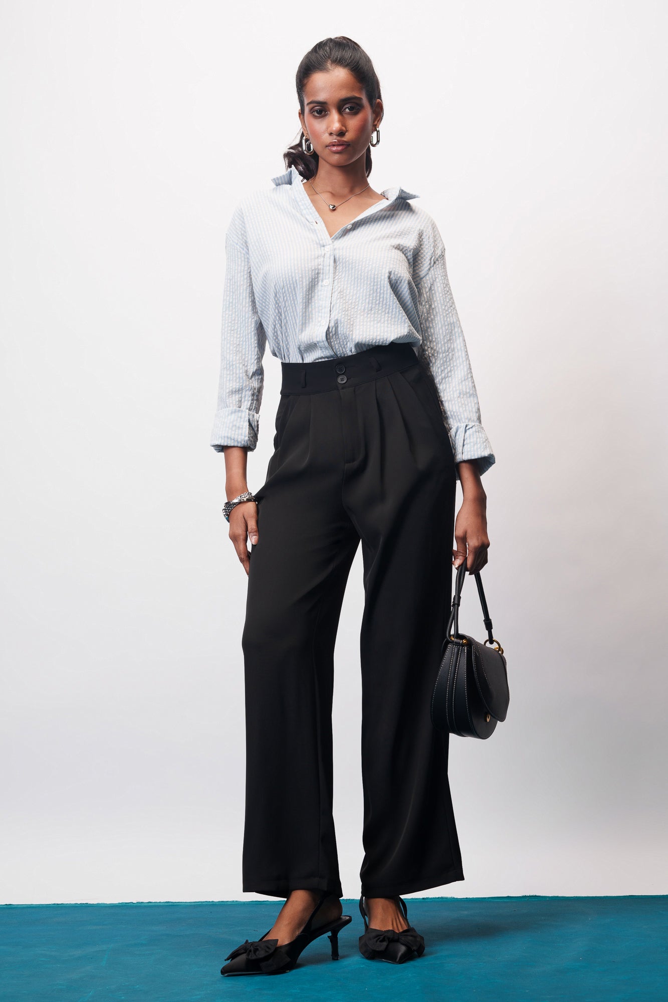 Jet Black Pleated Women's Straight Korean Pants