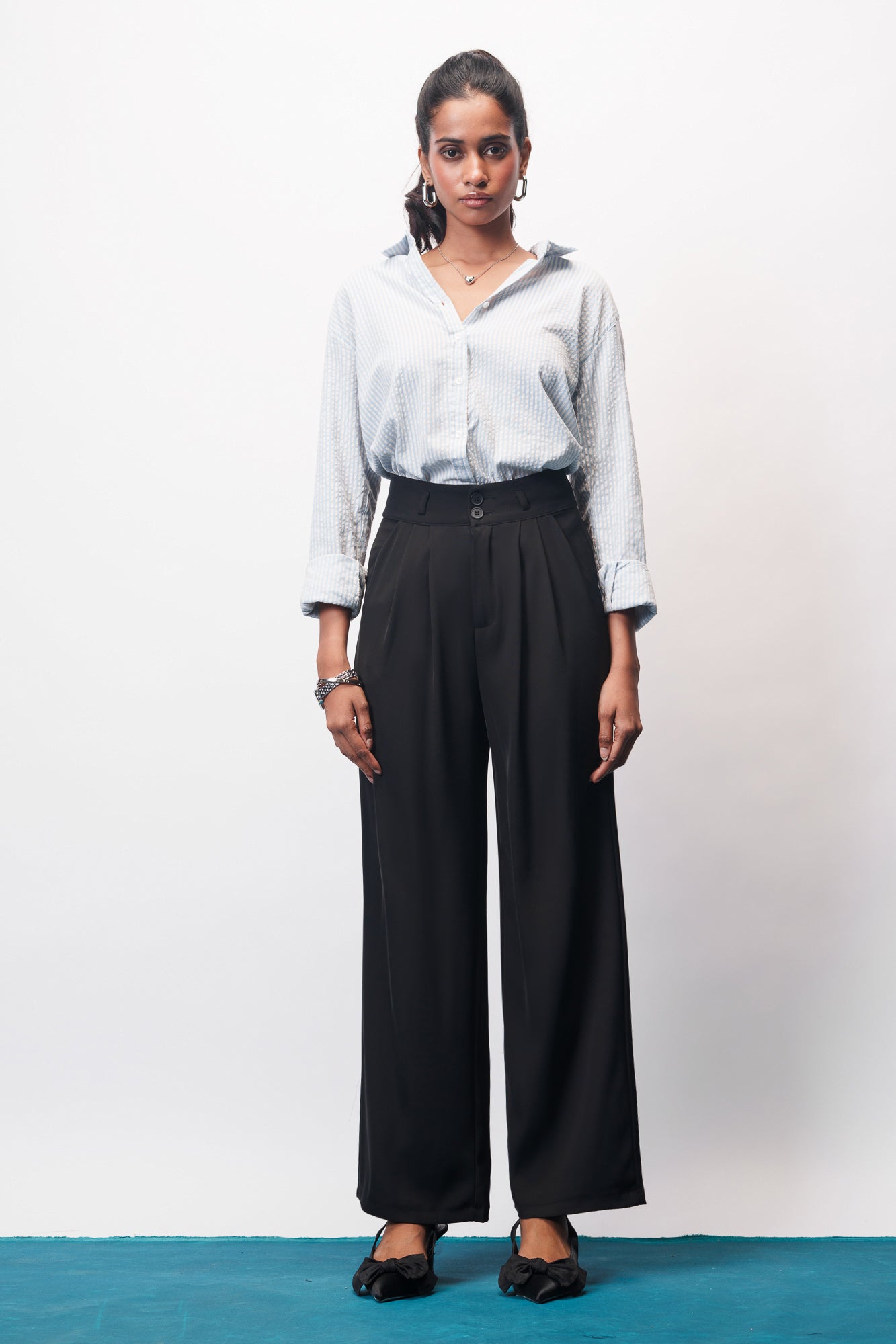 Jet Black Pleated Women's Straight Korean Pants