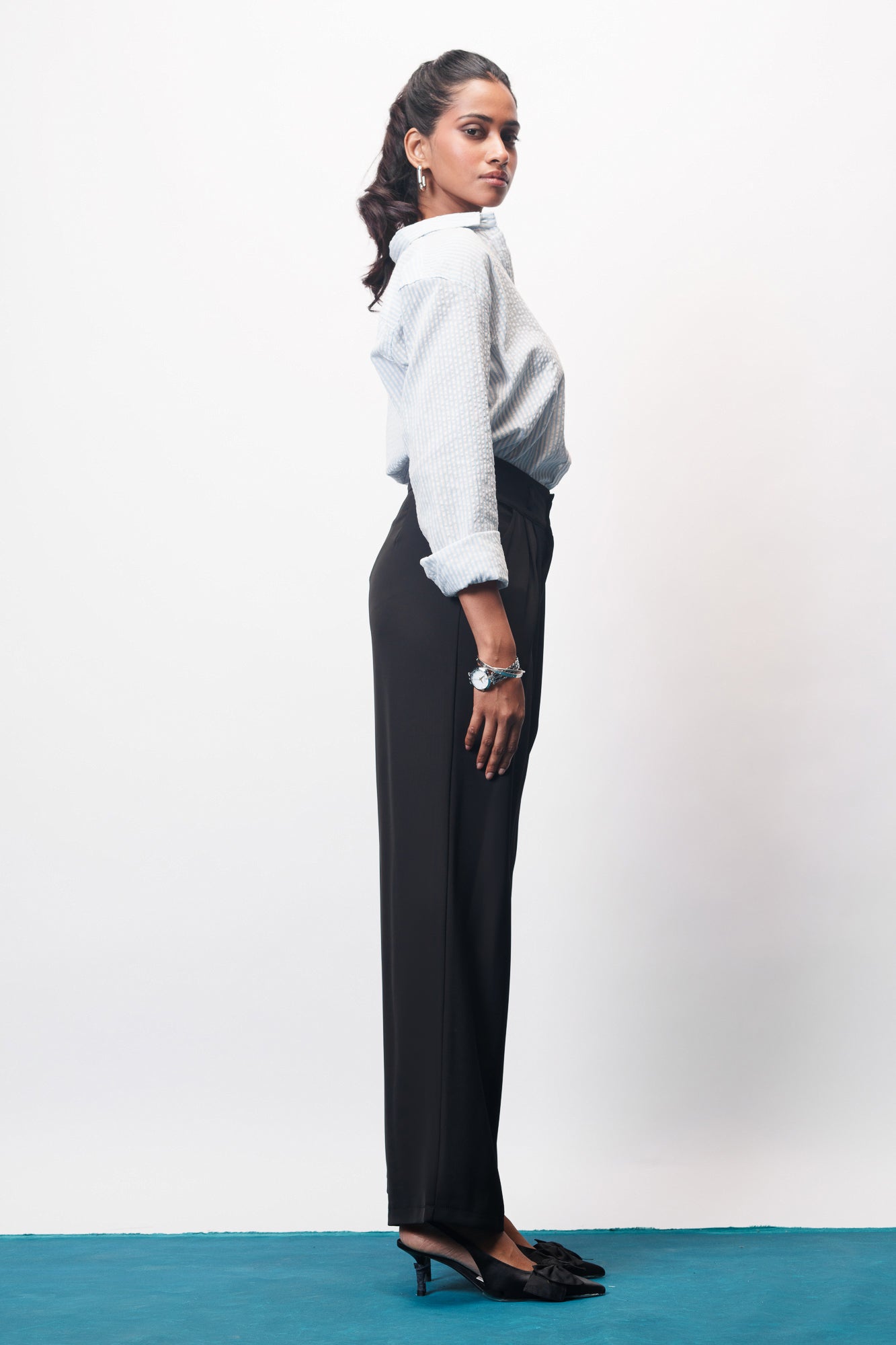 Jet Black Pleated Women's Straight Korean Pants