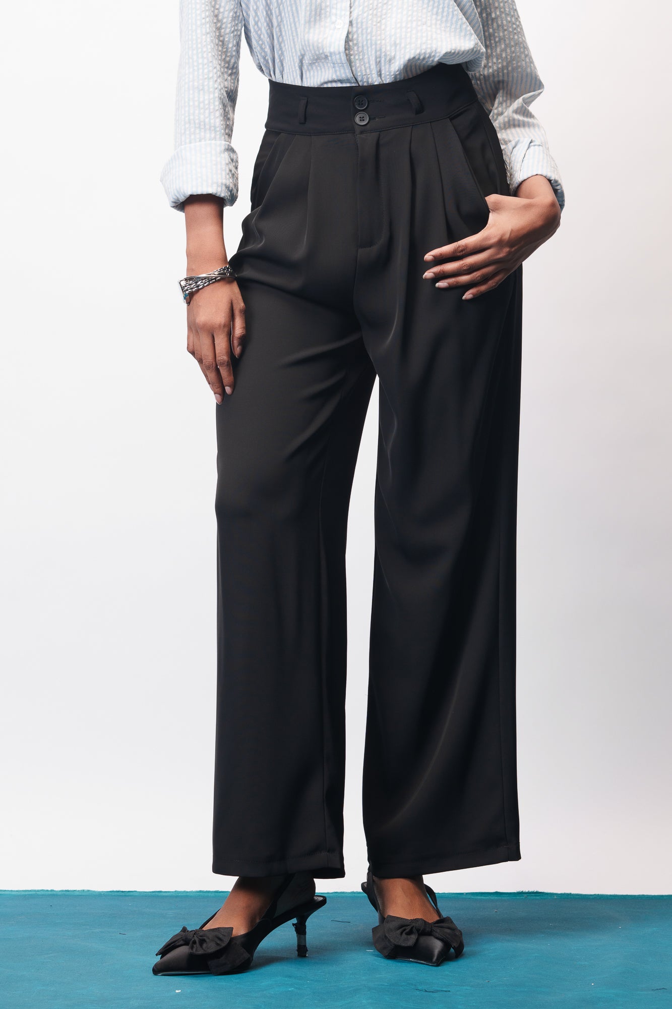 Jet Black Pleated Women's Straight Korean Pants
