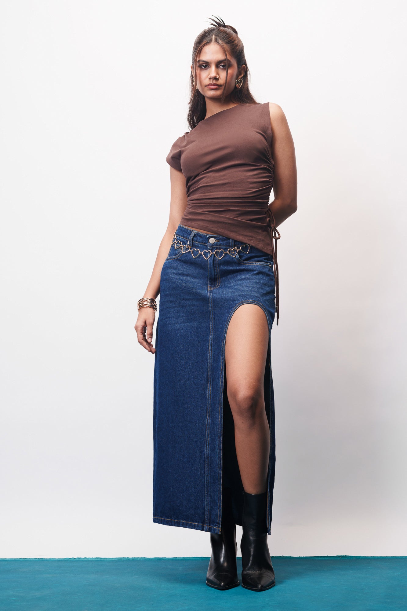 Chic Blue Curved Slit Women's Denim Midi Skirt